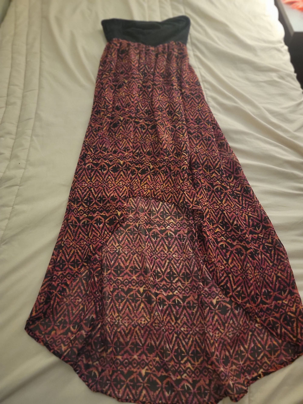 No Boundaries Black Waistband Maxi Skirt with Pink & Orange Geometric Print
